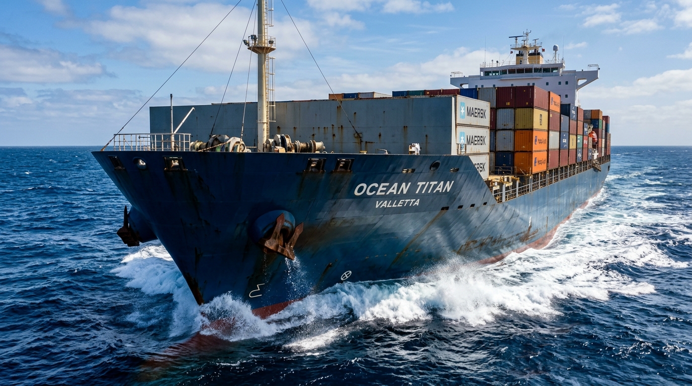 Commercial vessel bow cutting through ocean waves